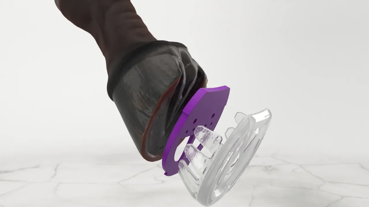 EasyShoe 3D with a purple spiral insert lifting onto the hoof