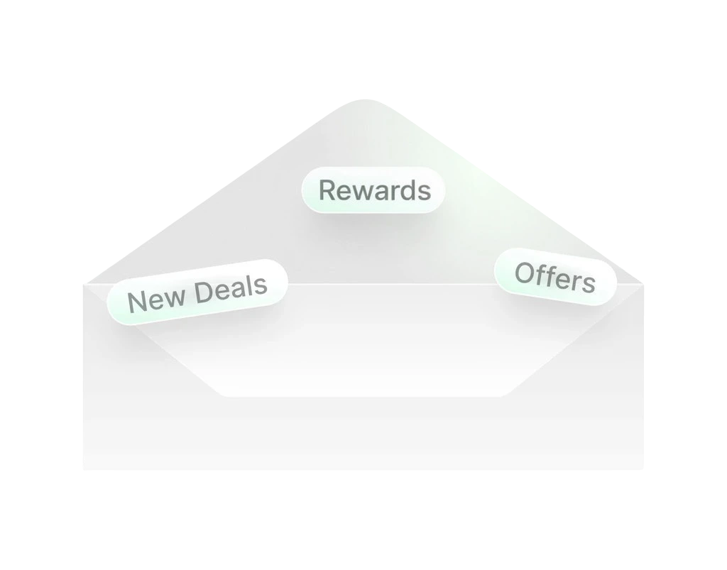 Open envelope with New Deals, Rewards and Offers badges