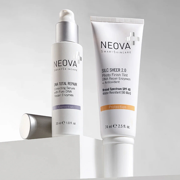 Two Neova SmartSkincare products: DNA Total Repair serum and Silc Sheer 2.0 tinted sunscreen.