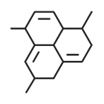 Three connected hexagons with horizontal lines inside representing a chemical structure.