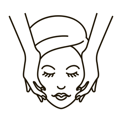 Line art of hands gently holding a serene face wrapped in a head towel.