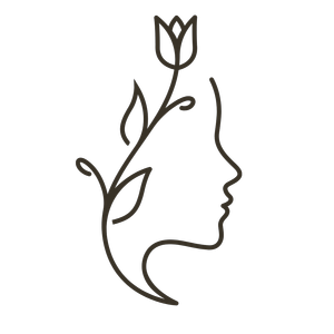 Minimalist line drawing of a face in profile with a flower and leaves integrated into the design.