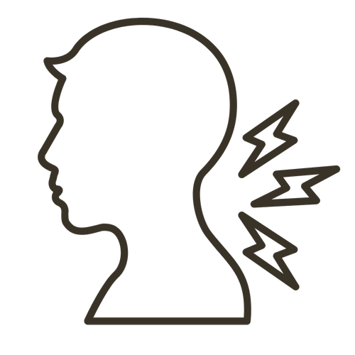 Outline of a person’s head and neck with lightning bolts indicating neck pain or discomfort.