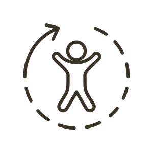 Outline of person with arms raised inside a dashed circle with an arrow showing rotation or motion.