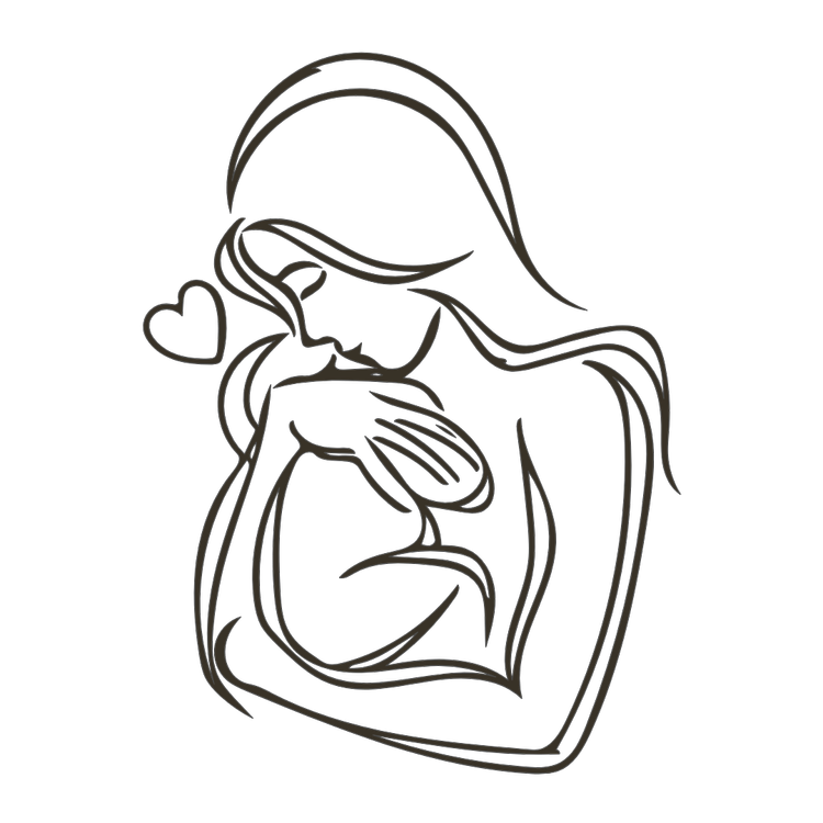 Line drawing of a mother holding and kissing a baby with a heart near their faces.