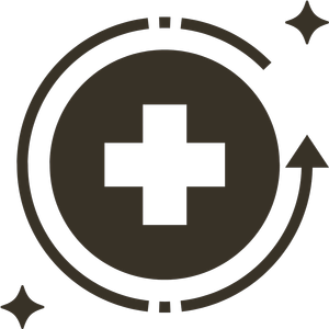 Medical cross inside a circle with an arrow and two sparkle icons around it.