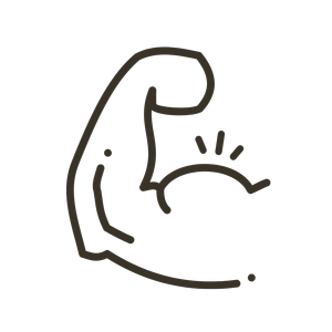 Simple black line drawing of a flexed bicep muscle with lines indicating strength or power.