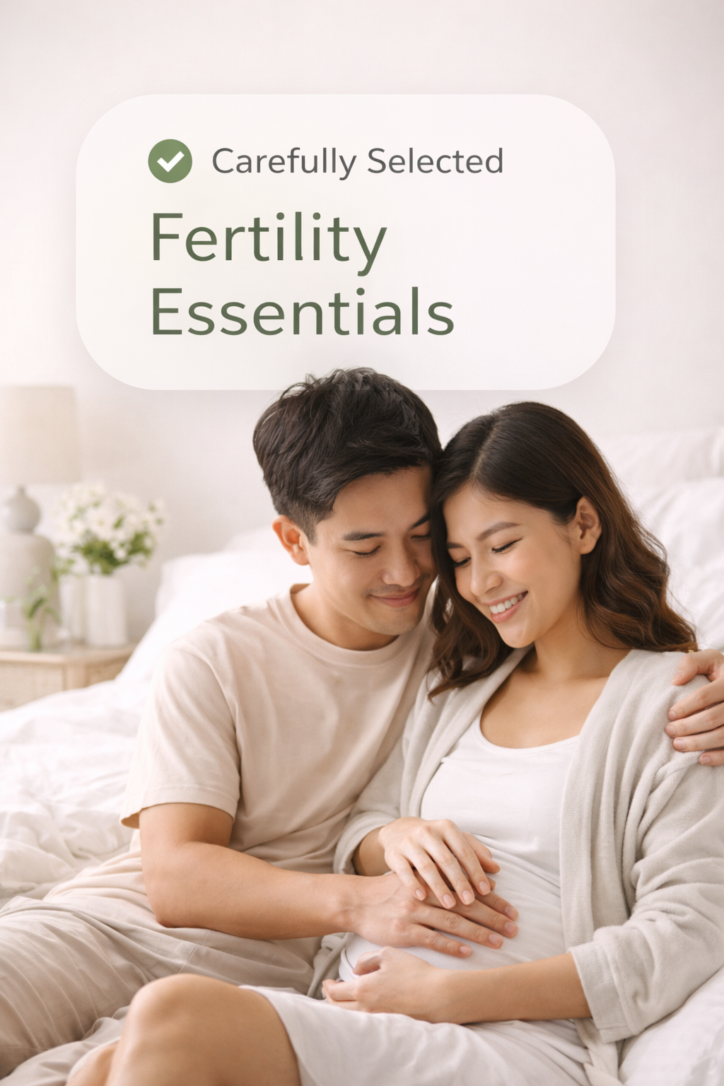 Happy couple sitting on a bed with the man hugging the pregnant woman and both touching her belly, with text overlay reading 'Carefully Selected Fertility Essentials'.