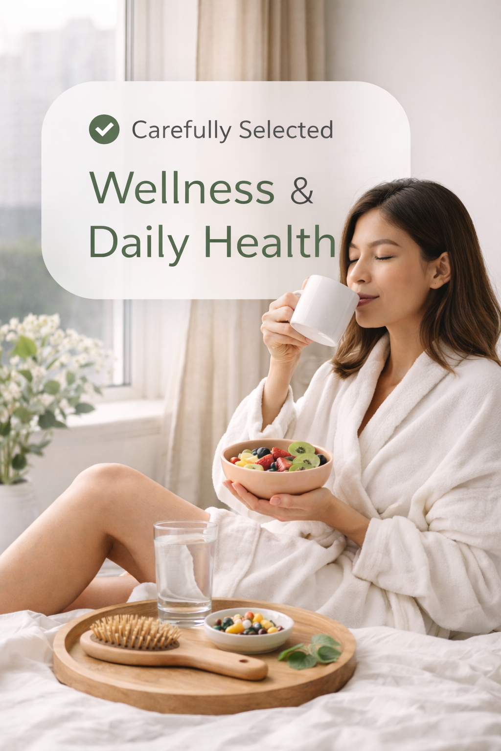 Woman in a white robe enjoying a cup of tea and a bowl of fresh fruit by a window with wellness and daily health text.