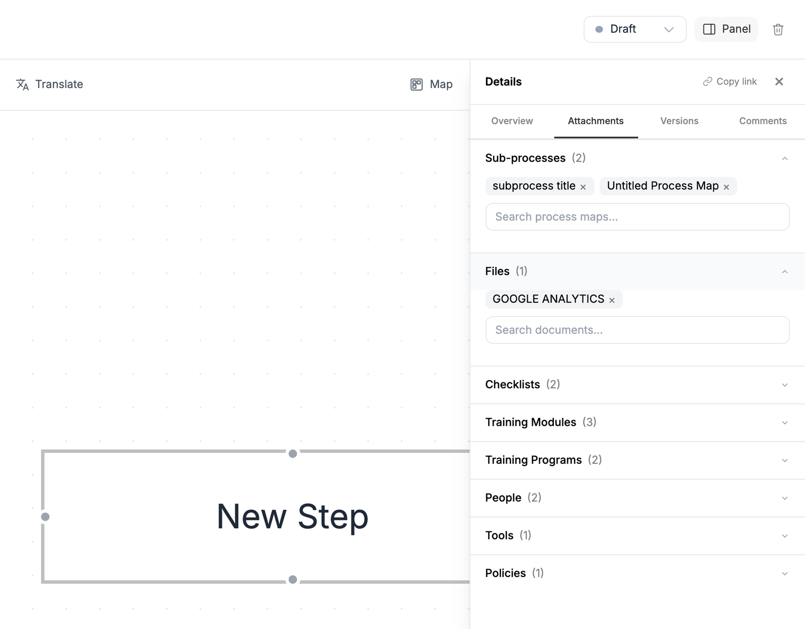 Wikidoc process map editor panel's UI