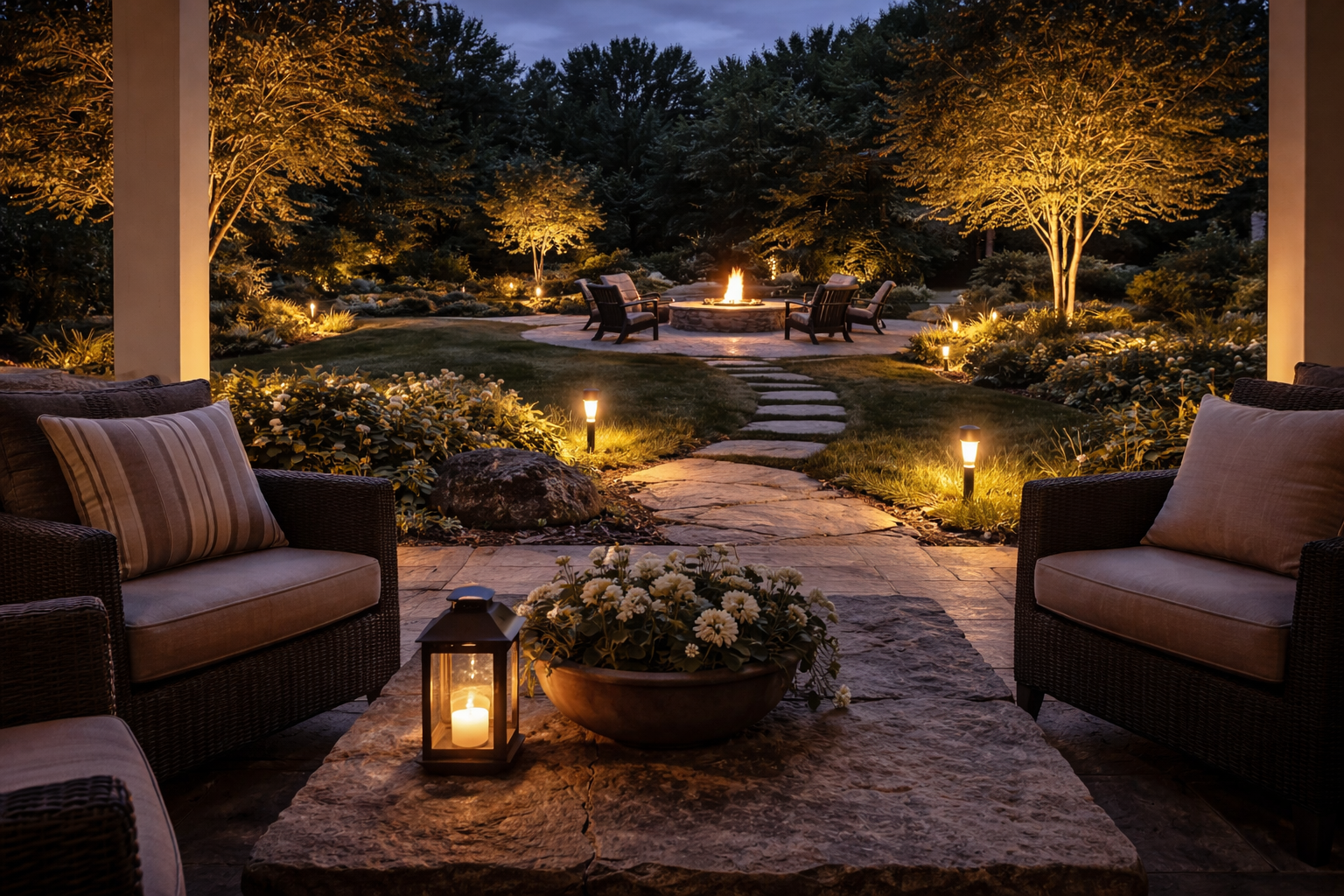 A utah backyard with a fire pit and beautiful landscape lighting
