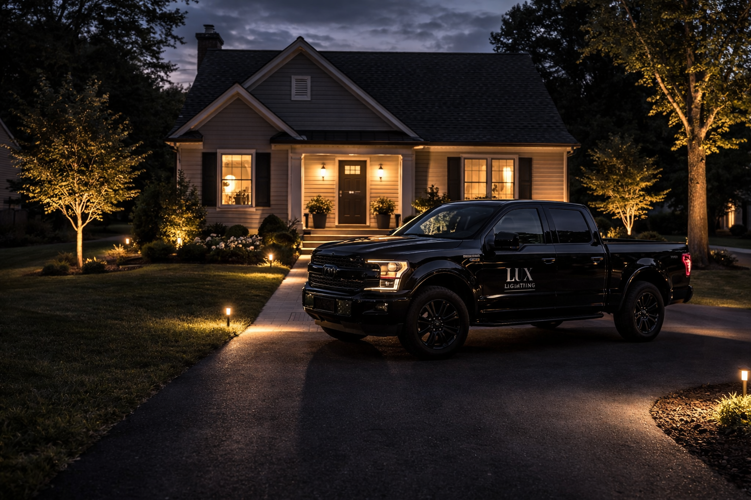 A lux lighting truck parked outside of a utah home with beautiful landscape lighting