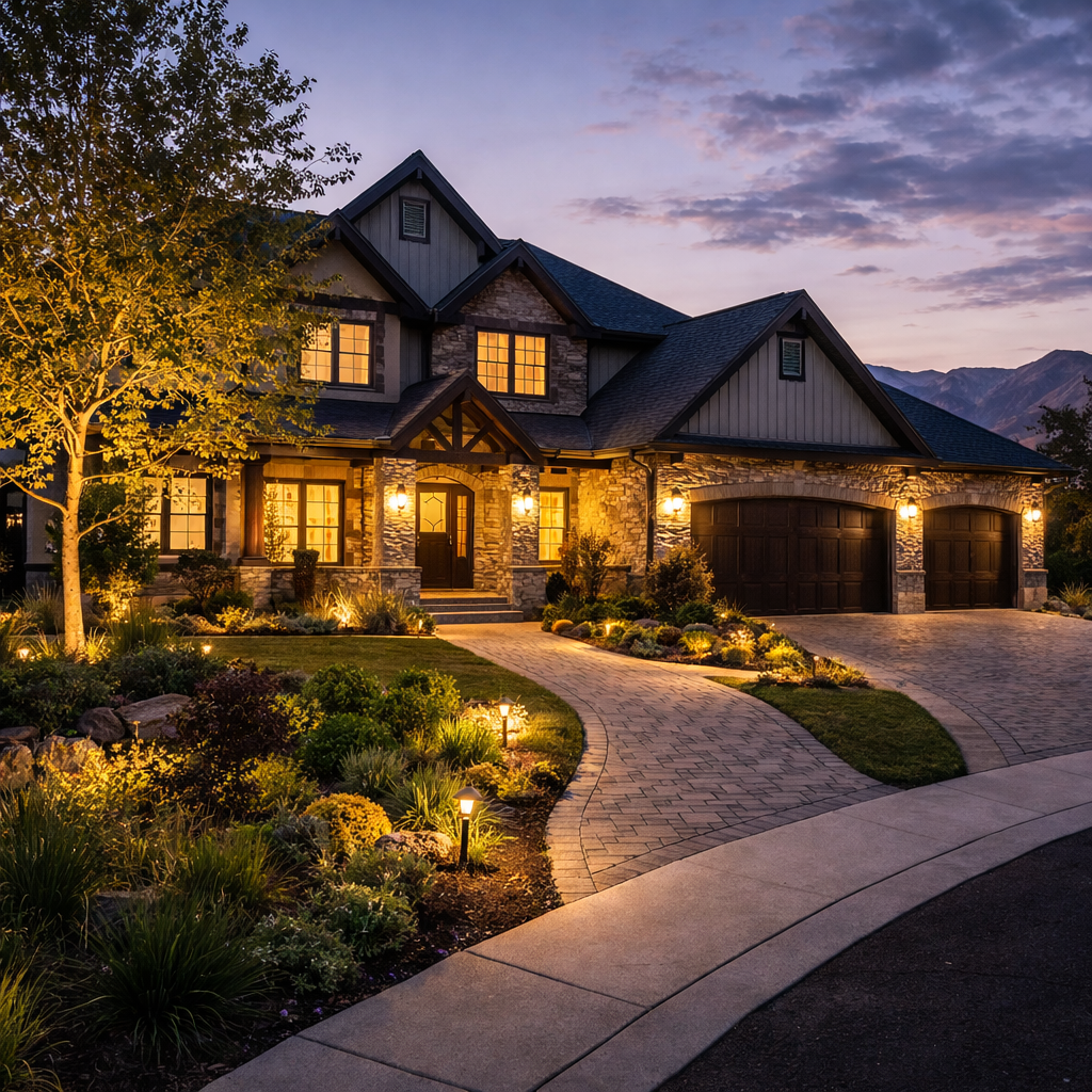 I high end utah home with beautiful landscape lighting