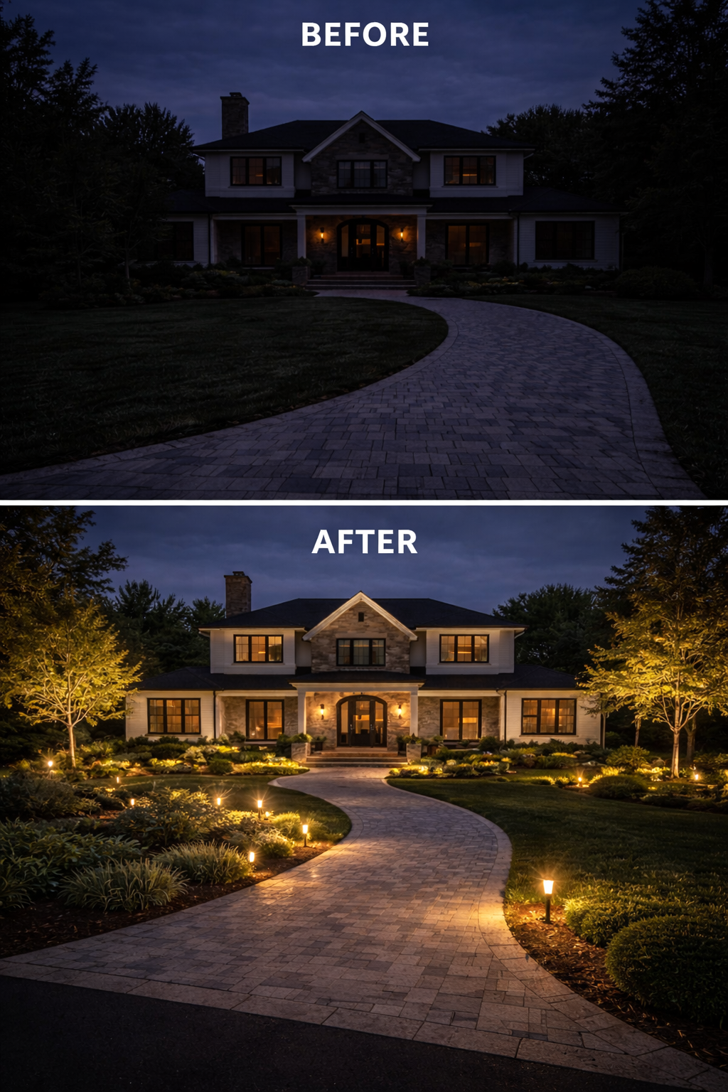 Before and after shot of landscape lighting