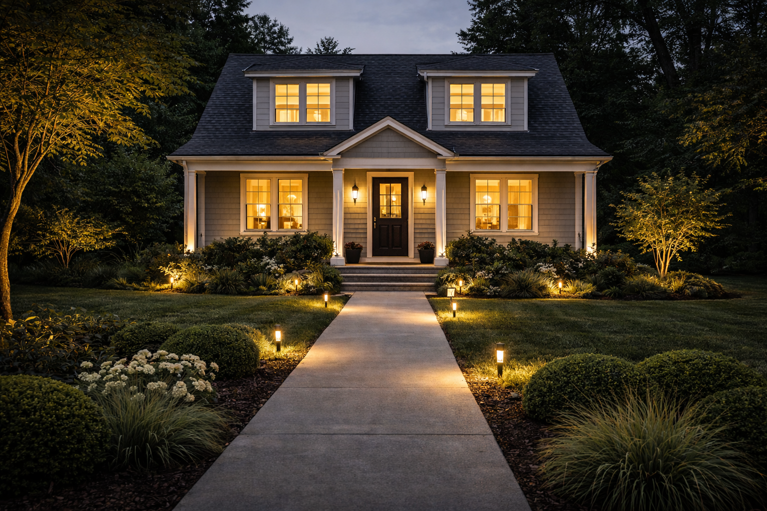A cute cottage with beautiful landscape lighting