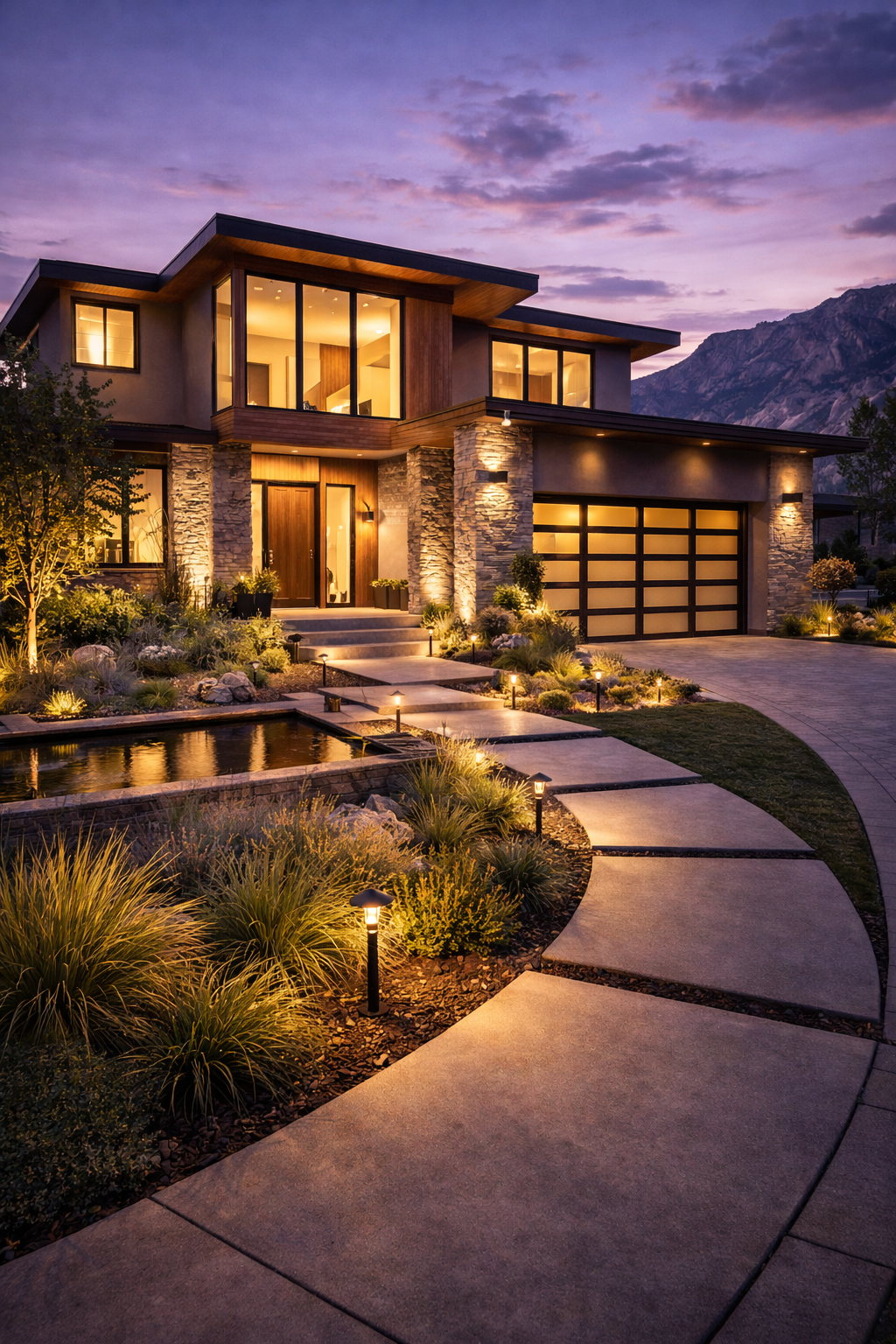 High end modern home in Utah with beautiful landscape llighting