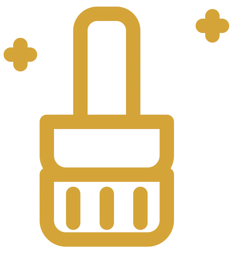 Gold cleaning brush icon with two sparkles indicating cleanliness.