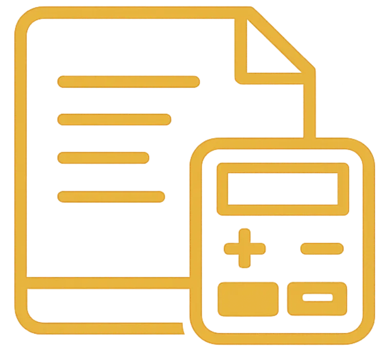Yellow outline icon of a document with lines and a calculator displaying plus and minus buttons on a black background.
