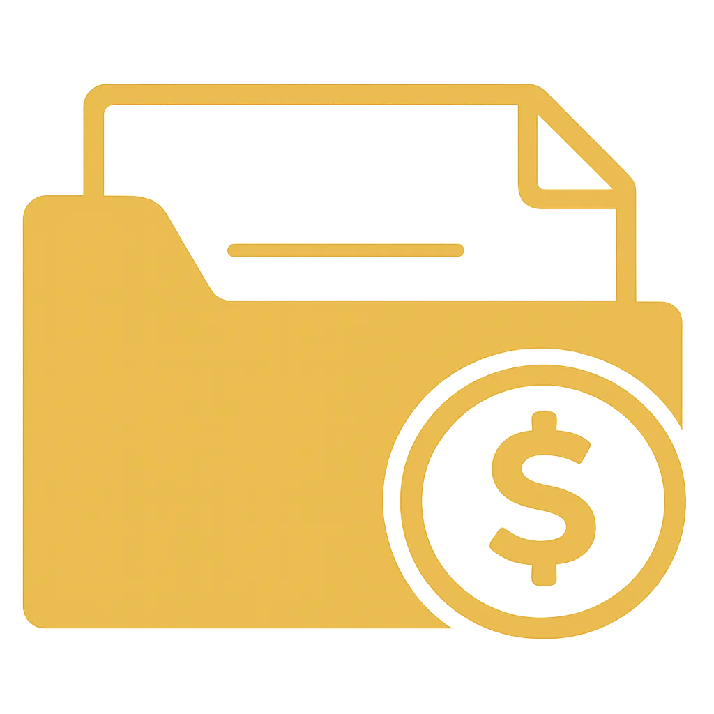 Golden folder icon with a dollar sign coin overlapping its bottom right corner.
