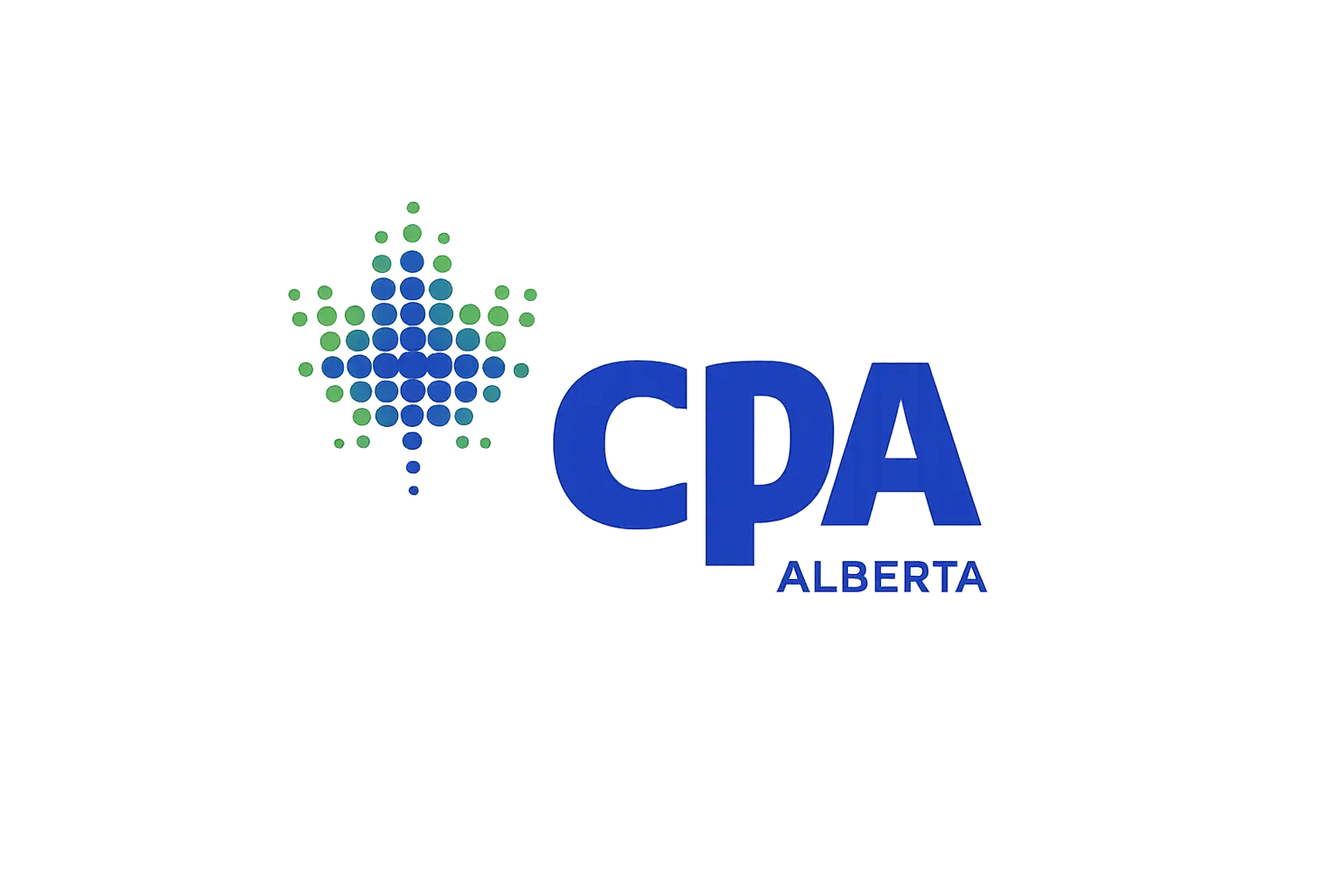 CPA Alberta logo with stylized maple leaf made of blue and green circles to the left of blue letters CPA and smaller blue text ALBERTA below.