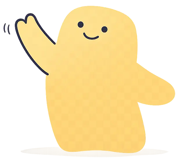 Yellow blob character with a smiling face waving one arm.