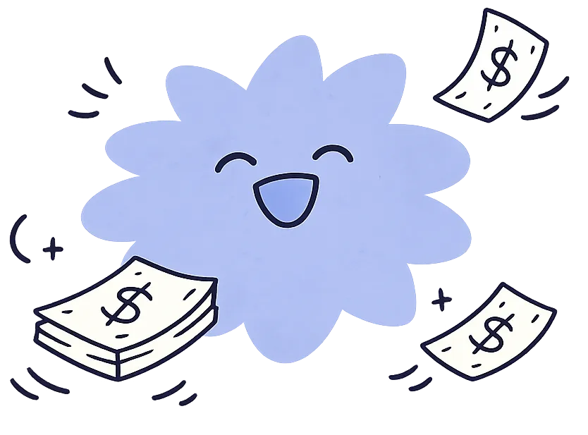 Smiling purple cloud-like shape surrounded by floating dollar bills and a stack of money.