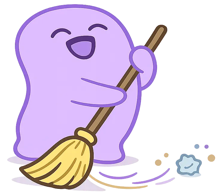 Smiling purple ghost character sweeping with a broom and dust nearby.