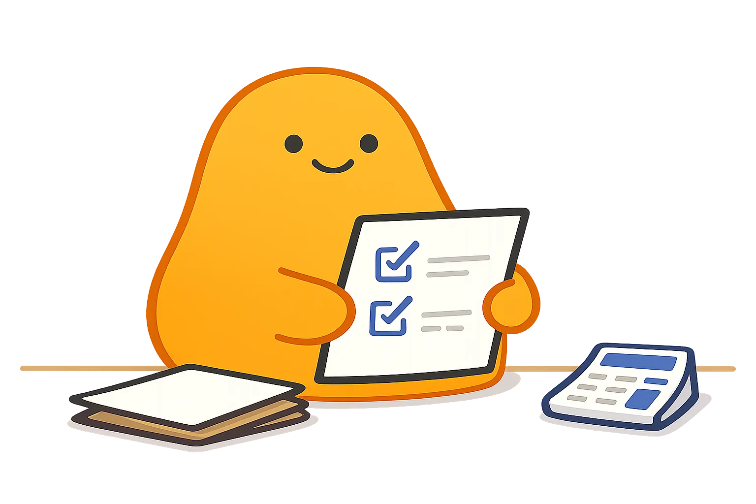 Orange blob character holding a checklist with two checked items, with papers to the left and a calculator to the right on a gray surface.