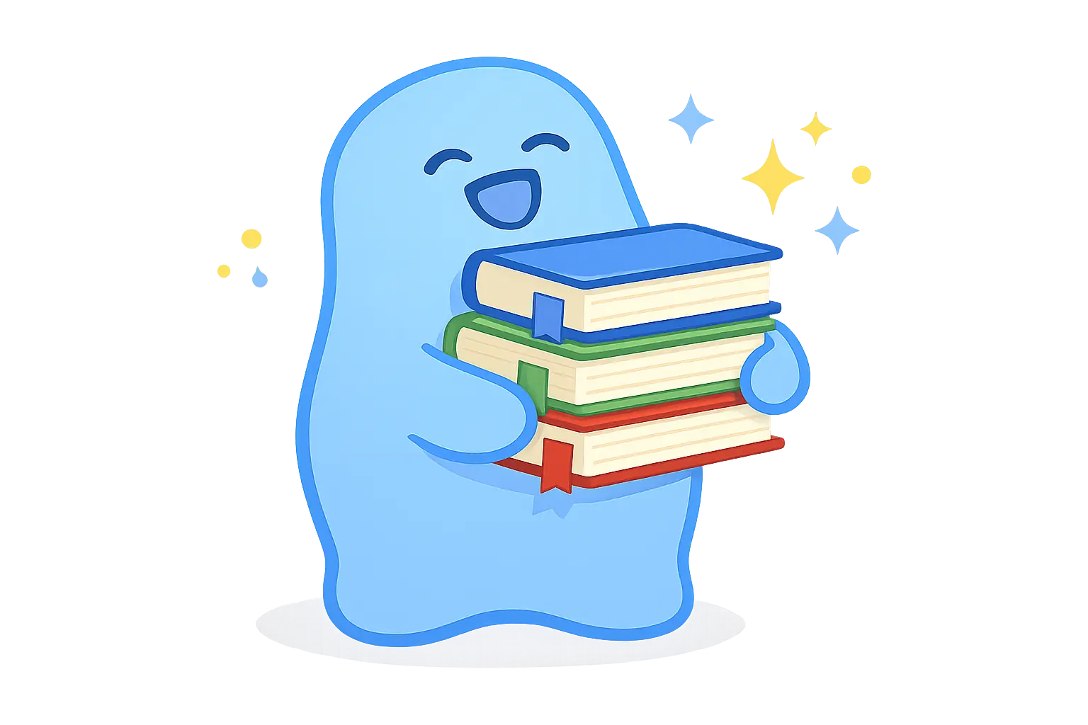 Happy blue blob character holding a stack of three books with colorful covers and bookmarks.