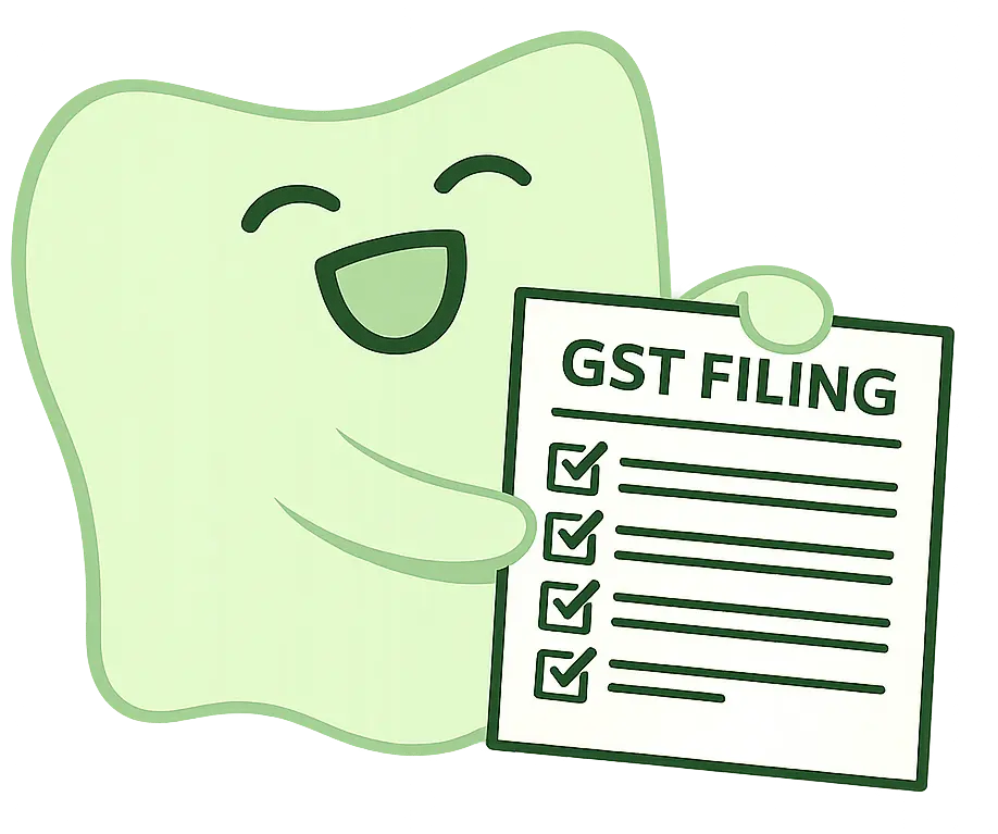 Smiling cartoon character holding a checklist titled GST FILING with all items checked.