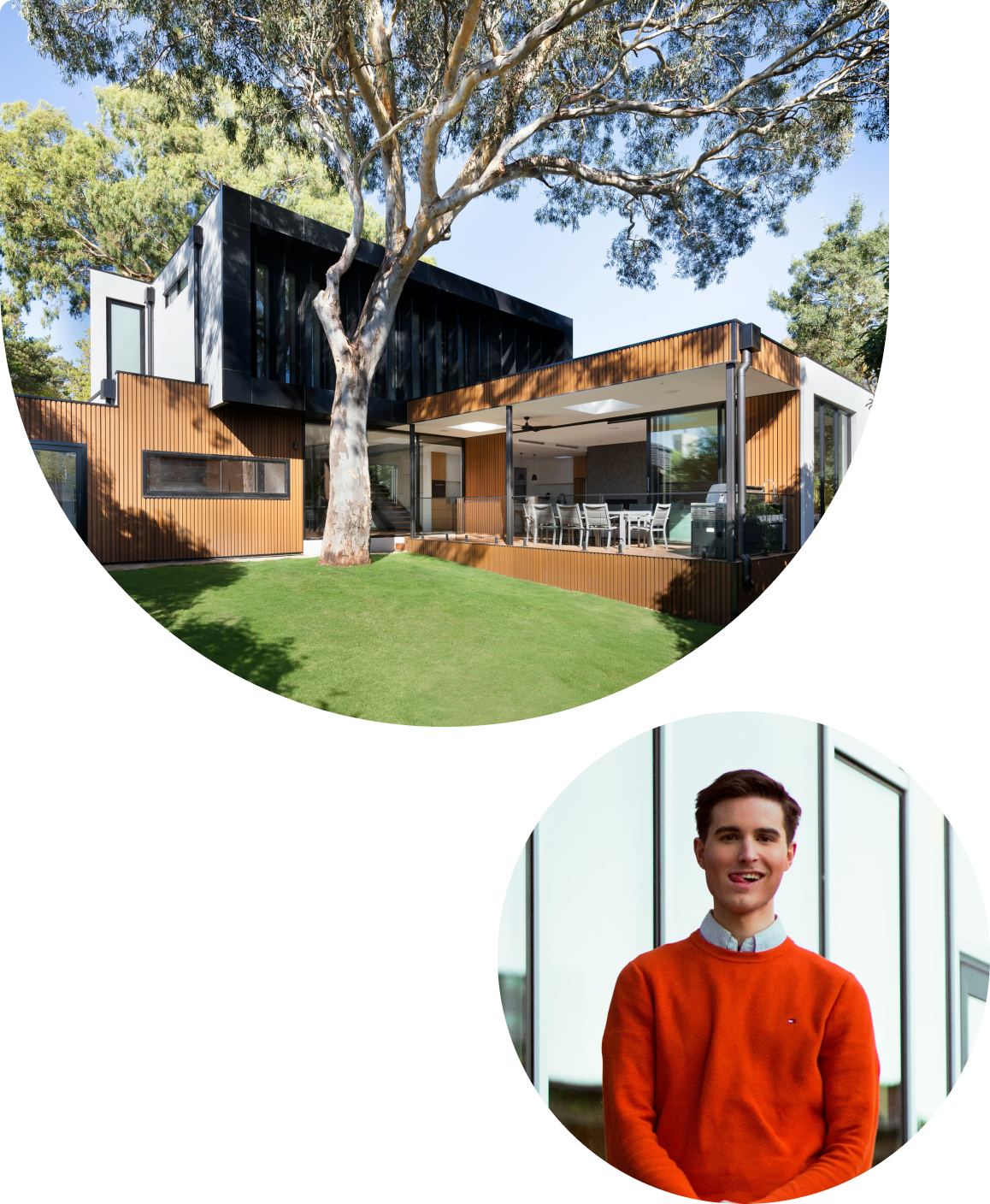 Modern two-story house with wooden siding, large tree in yard, and a young man in an orange sweater smiling in a circular inset.