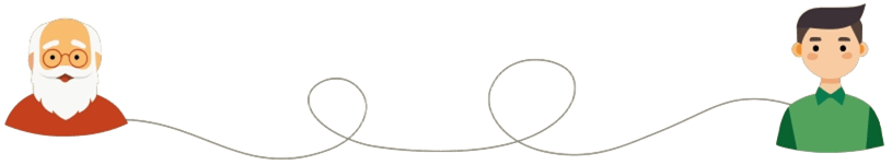 Illustration of an older man with glasses and white beard connected by a winding line to a younger man with dark hair and green shirt.