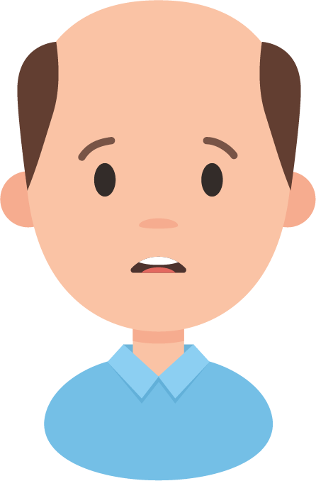 Illustration of a bald man with brown side hair, wearing a blue collared shirt, with a neutral or slightly concerned expression.