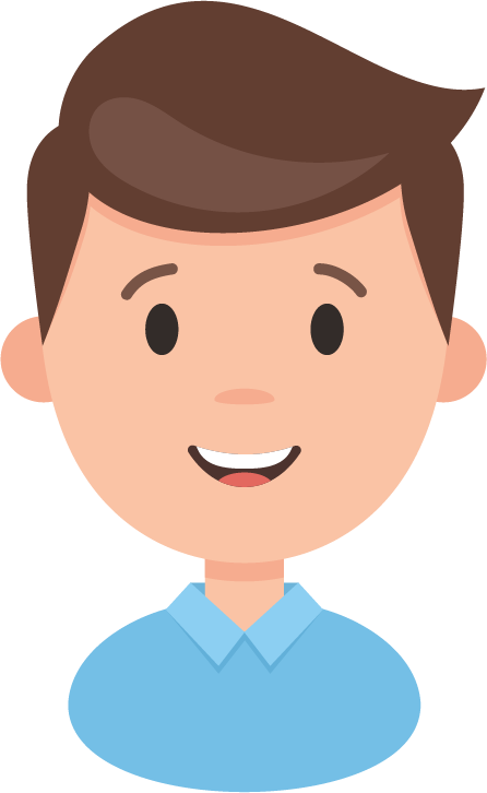 Illustration of a smiling boy with brown hair wearing a blue collared shirt.