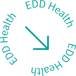 Clock face with teal arrow pointing down-right and text 'EDD Health' repeated in a circular pattern around the clock.