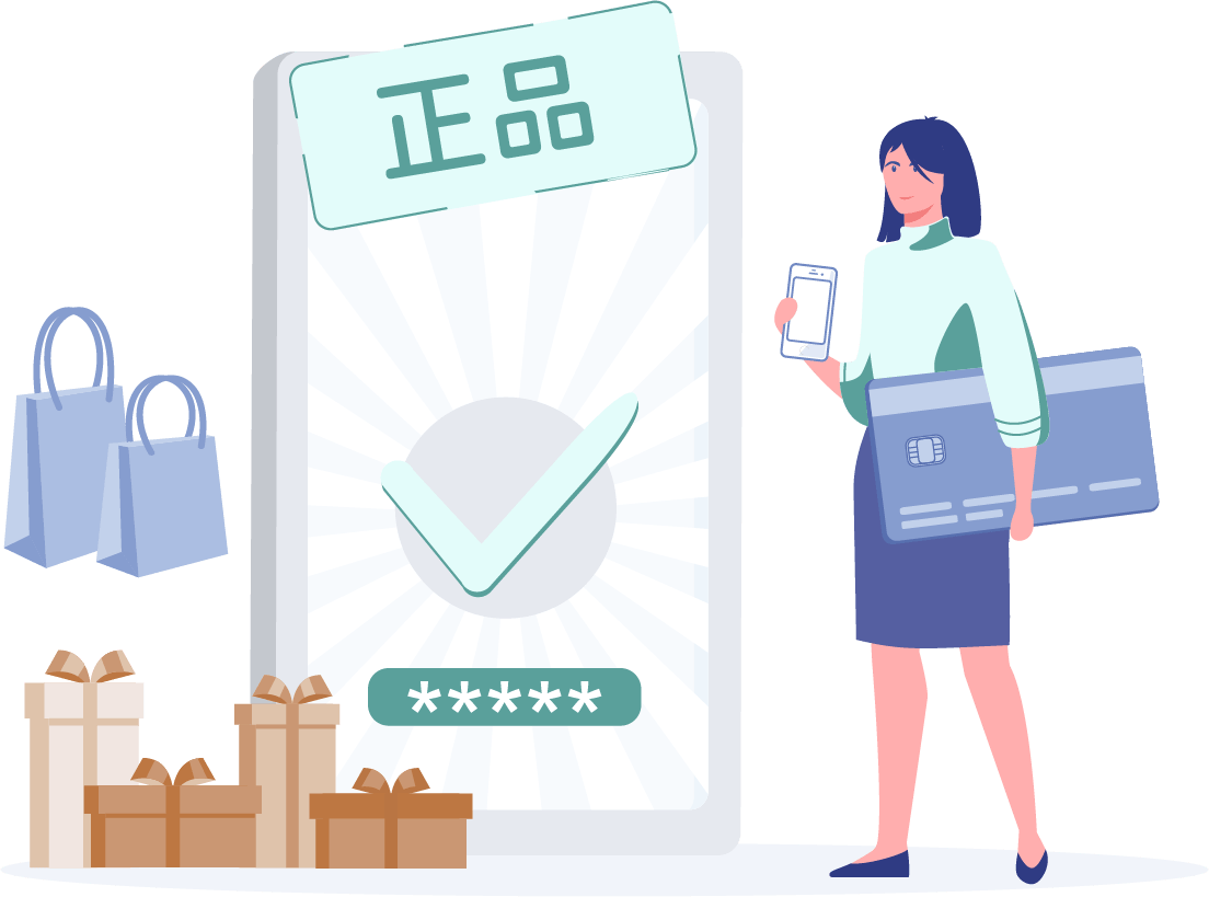 Smartphone screen with an 'Authentic' badge and checkmark surrounded by shopping bags showing star ratings and verification badges.