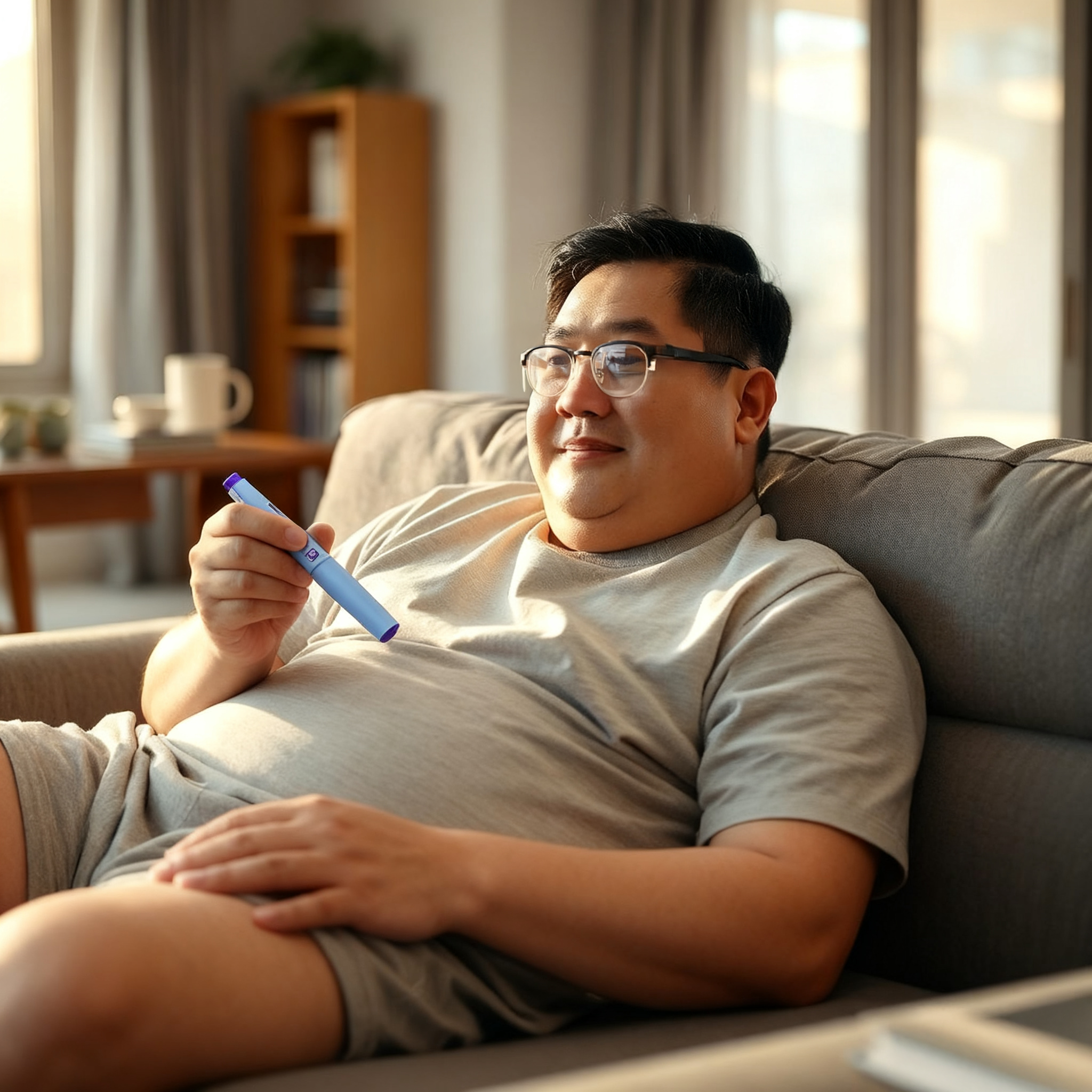 Man sitting on a couch indoors holding a blue glucose meter pen with a relaxed expression.