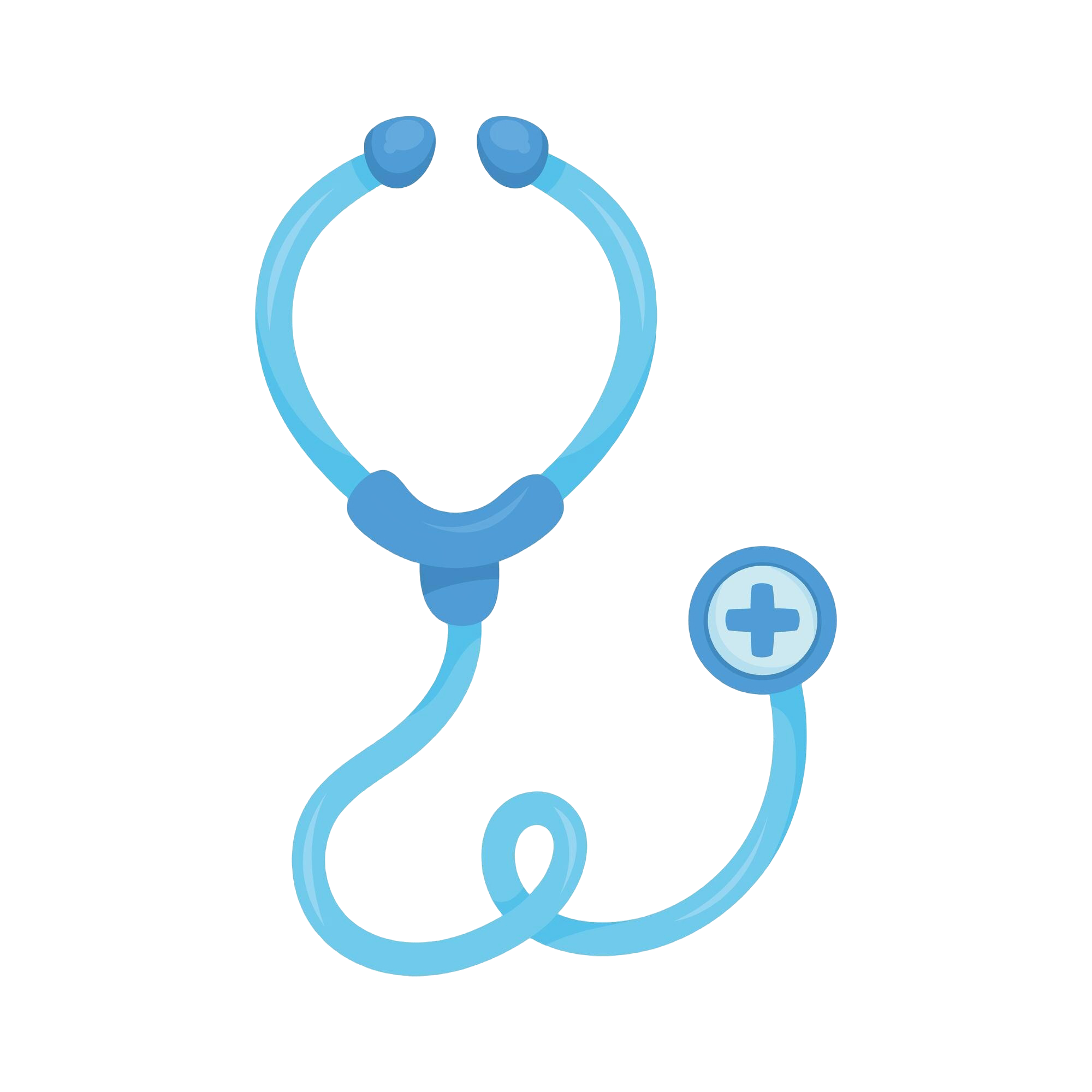 Illustration of a blue stethoscope with a medical cross on the chest piece.