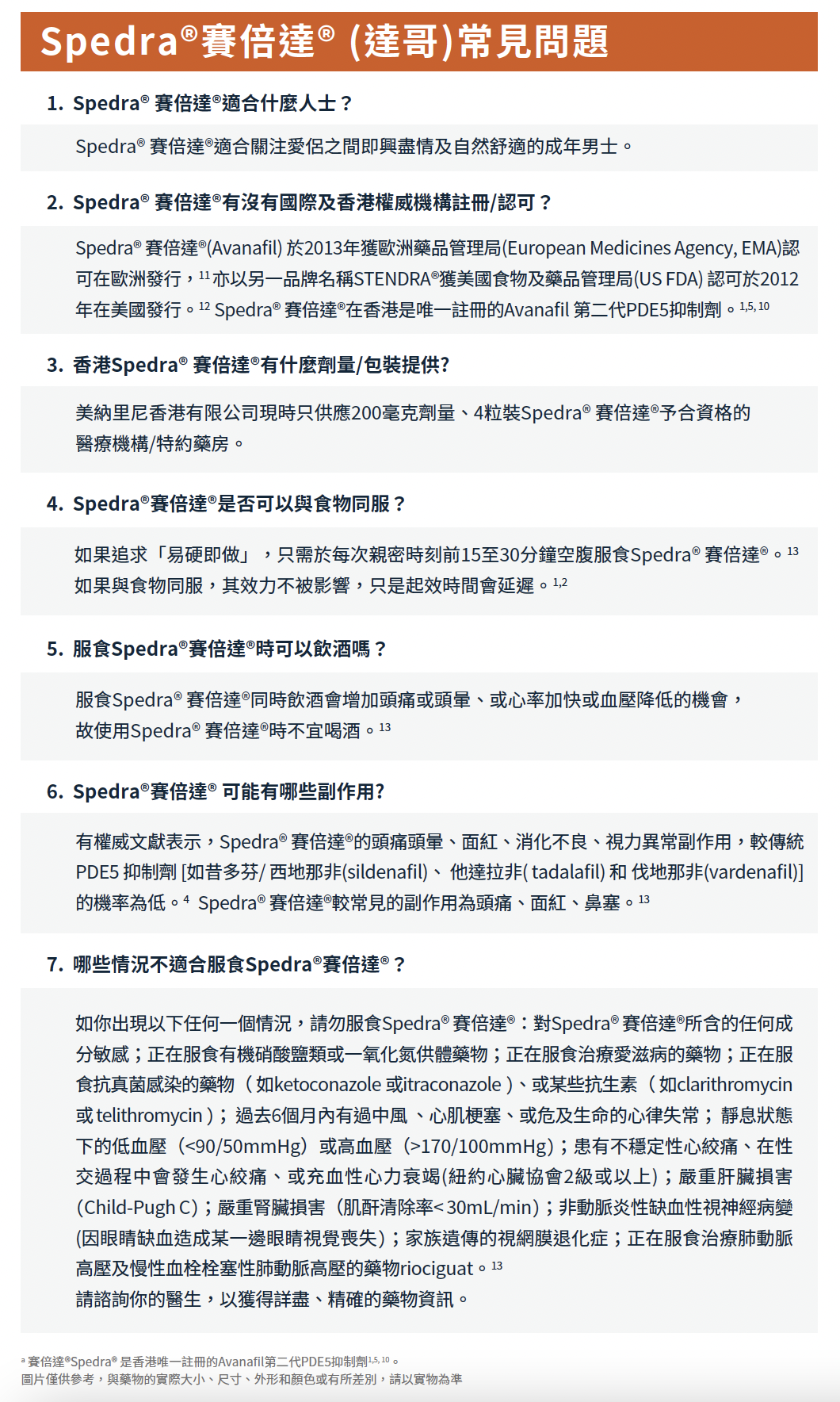 FAQ about Spedra including suitability, regulatory approvals, dosage, food and alcohol interactions, side effects, and contraindications in Chinese text.