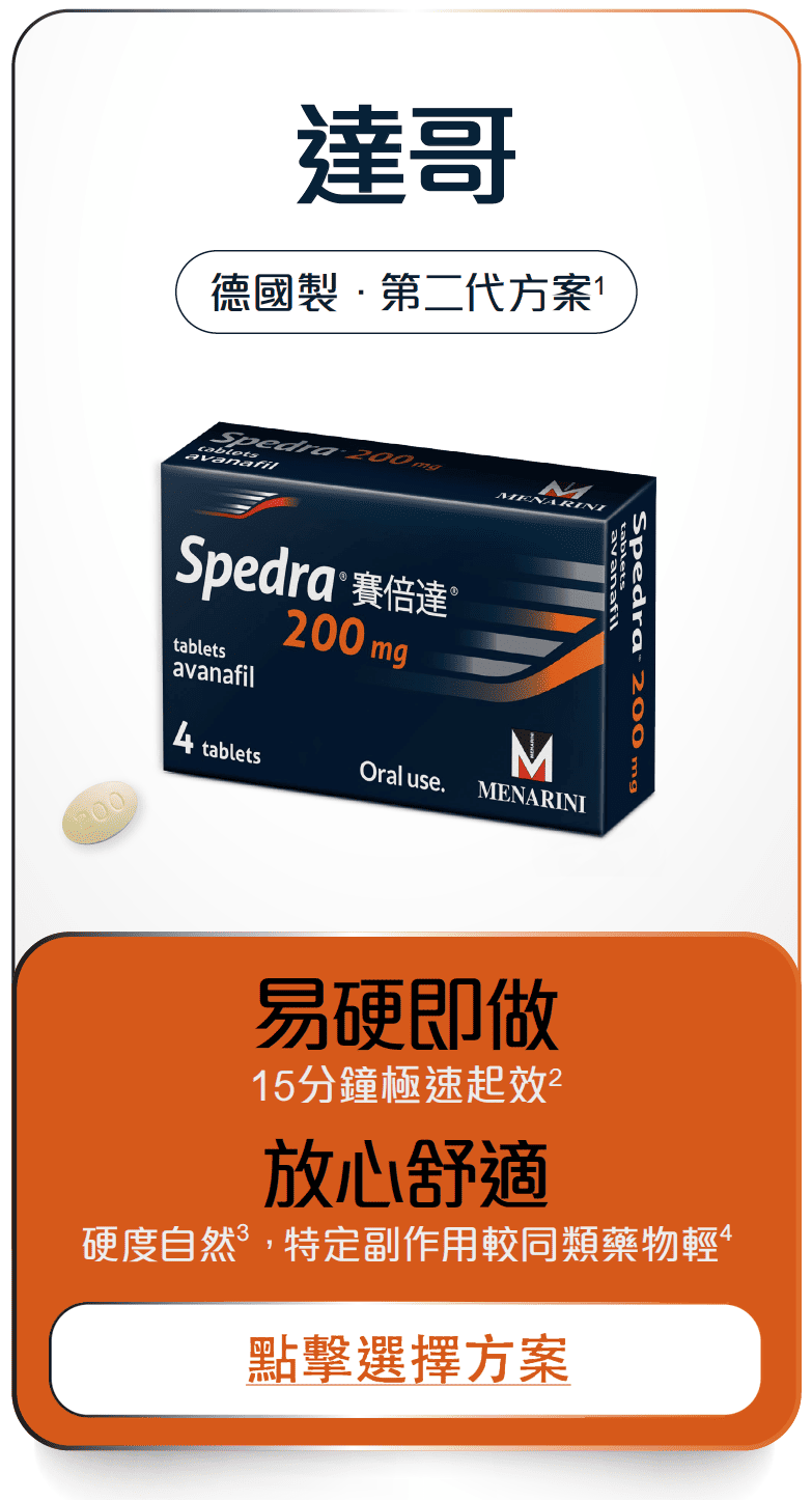Box of Spedra 200 mg avanafil tablets for oral use by Menarini with accompanying pill and Chinese text advertising fast and comfortable effects.