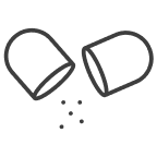 Outline of an opened capsule pill with small particles falling out.