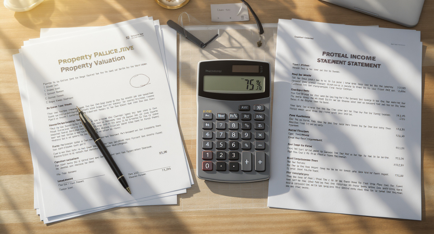 Calculator displaying yield percentage next to printed property valuation document and - Somerstone Property Group