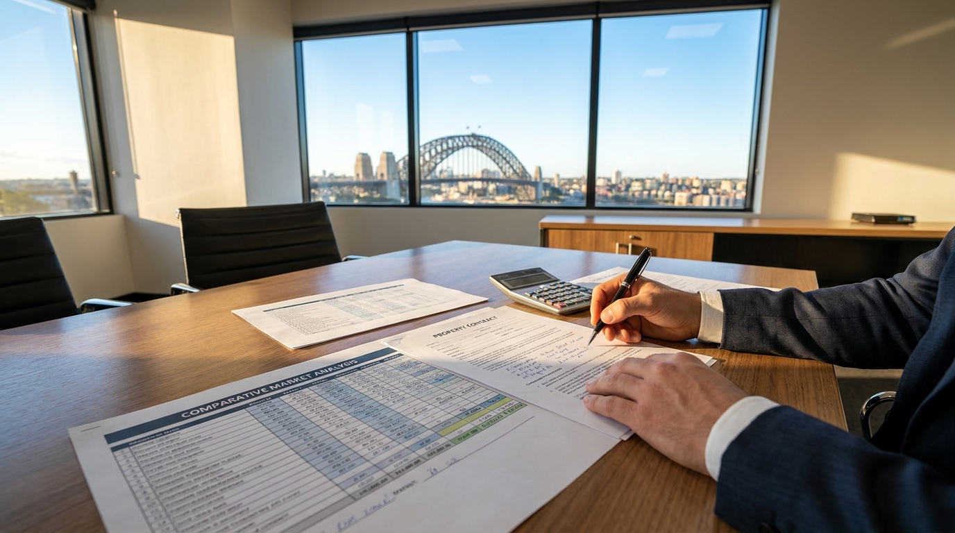 Hands reviewing property contracts and comparative market analysis sheets at a desk with - Somerstone Property Group