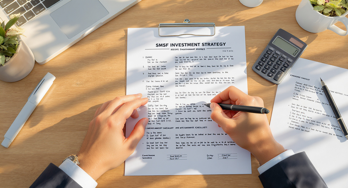 Hands annotating a printed SMSF investment strategy document with pen and calculator on desk - Somerstone Property Group