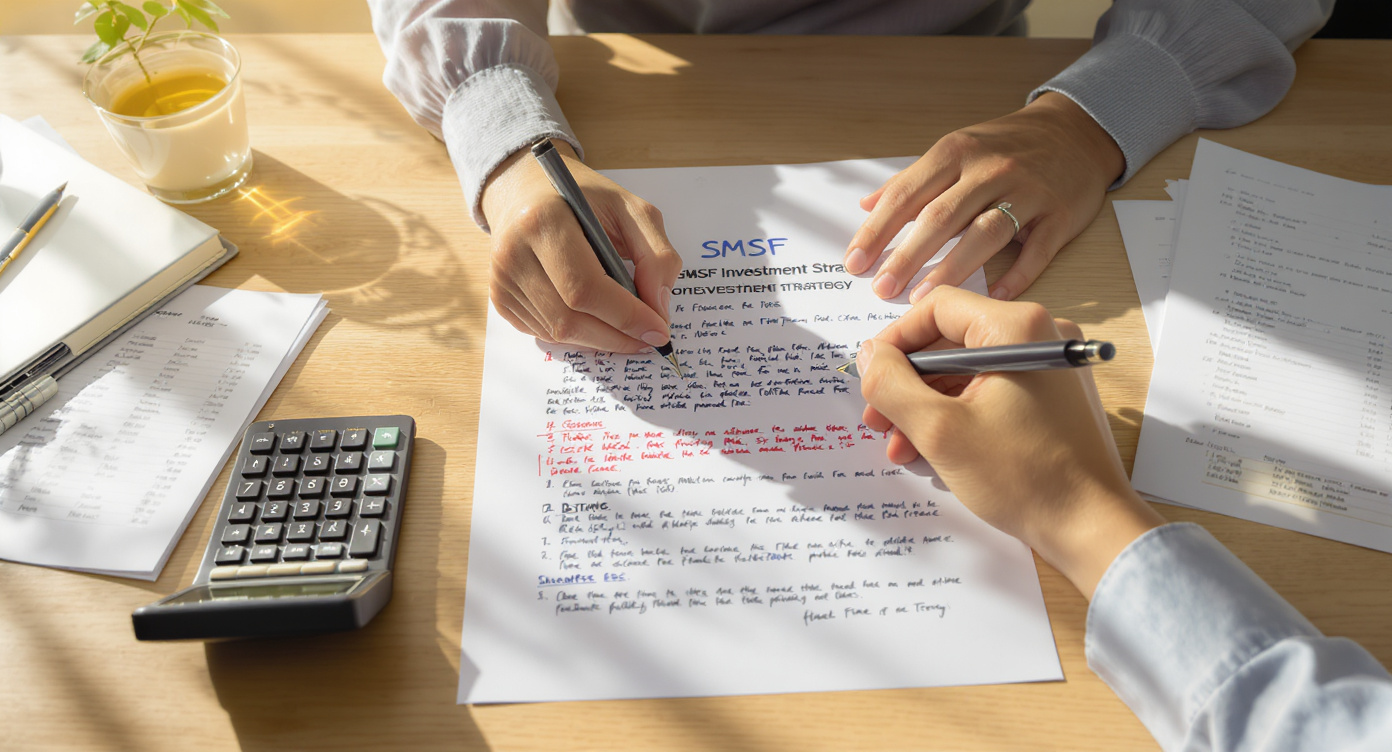 Hands annotating a printed SMSF investment strategy document with pen and calculator at desk - Somerstone Property Group