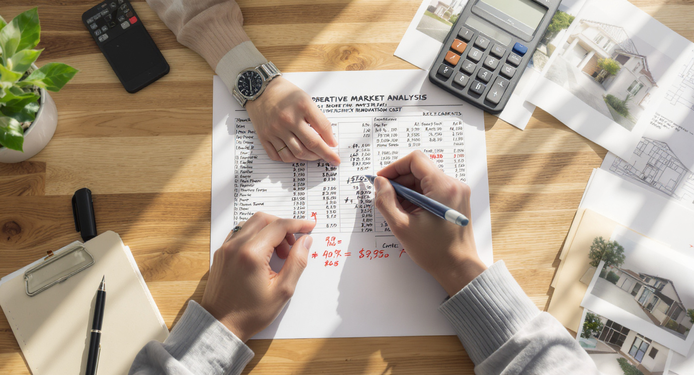 Hands annotating a comparative market analysis spreadsheet with property flip - Somerstone Property Group