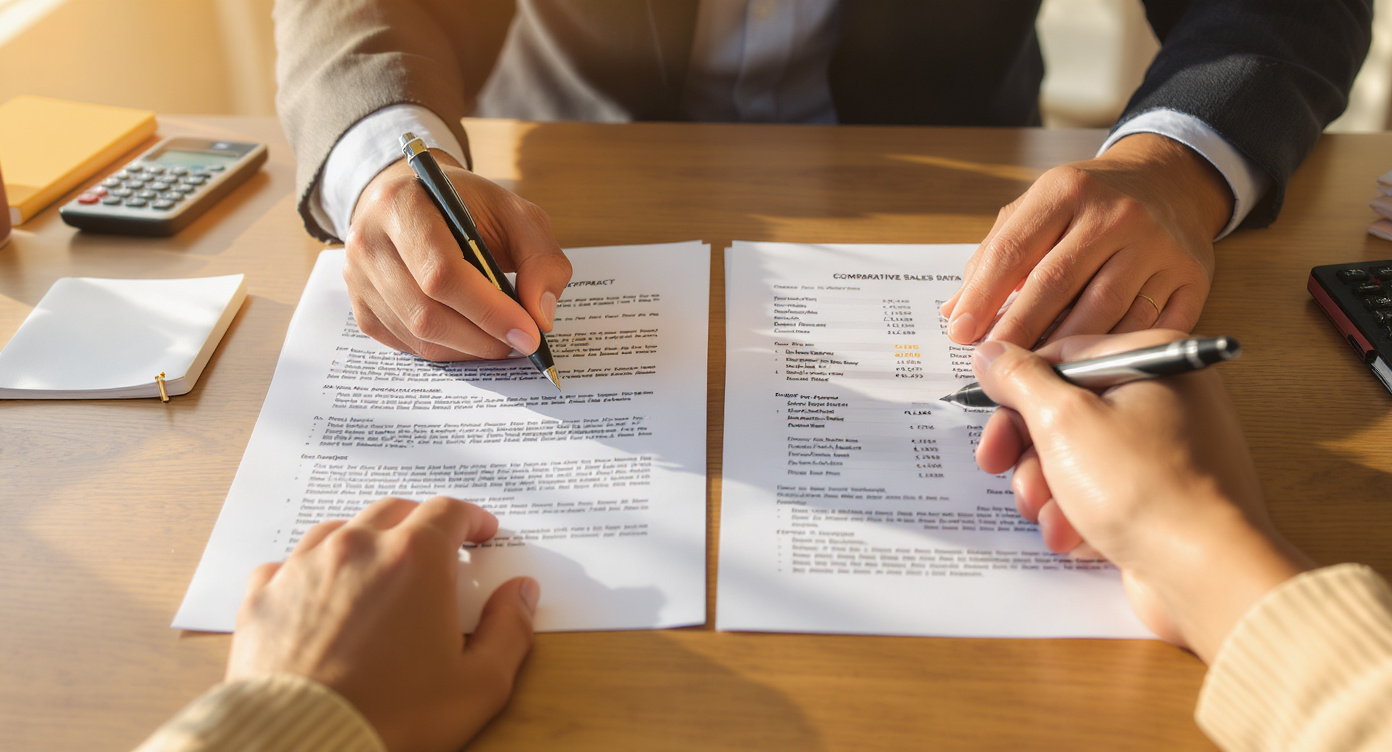 Hands reviewing a property contract and comparable sales report side-by-side at a desk - Somerstone Property Group