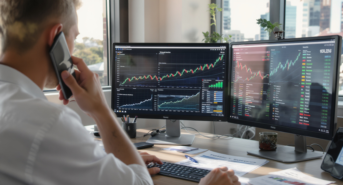 Property investor on phone at desk, pointing at dual monitors displaying market data - Somerstone Property Group