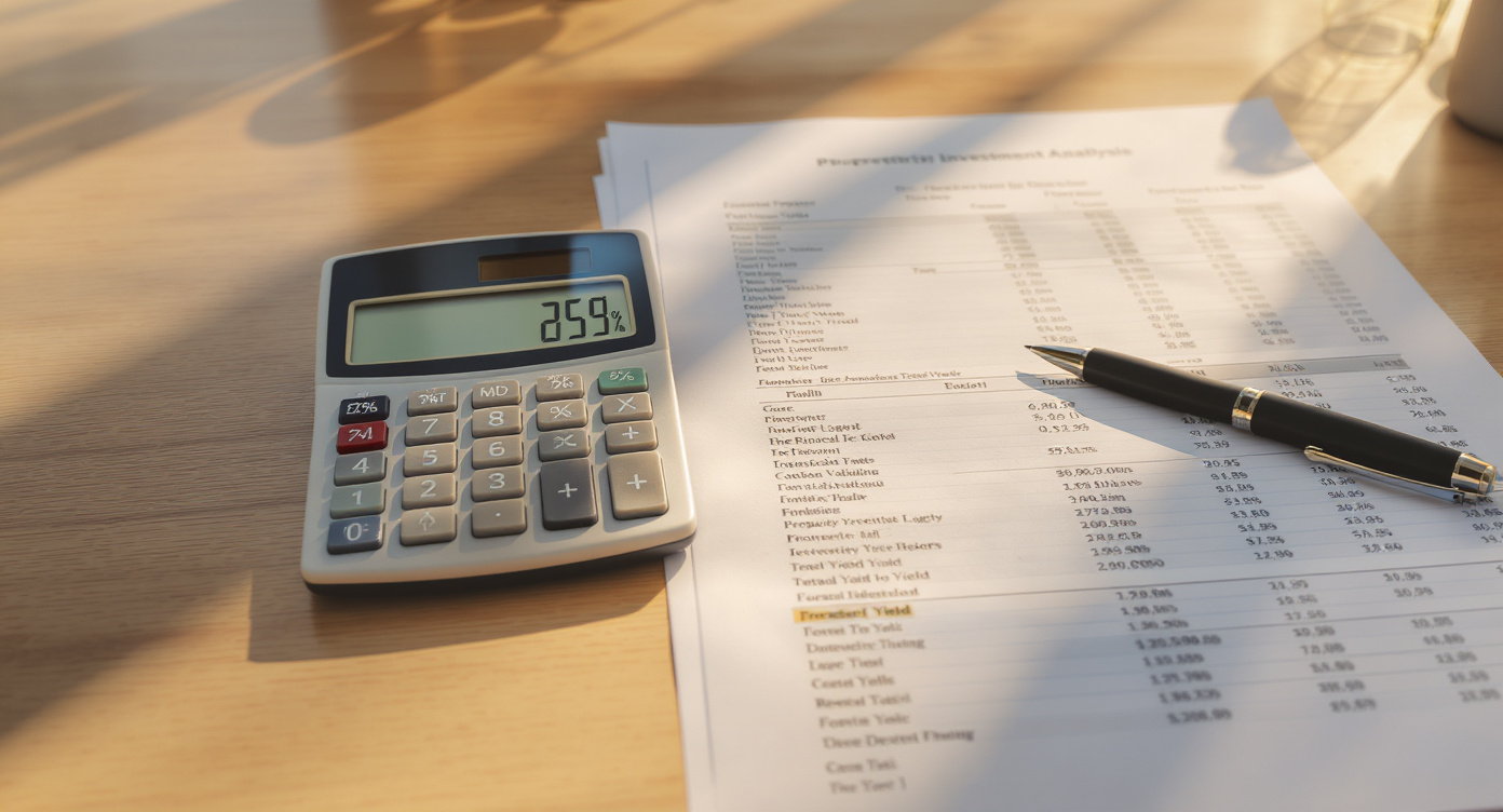 Calculator displaying rental yield percentage next to printed property investment - Somerstone Property Group