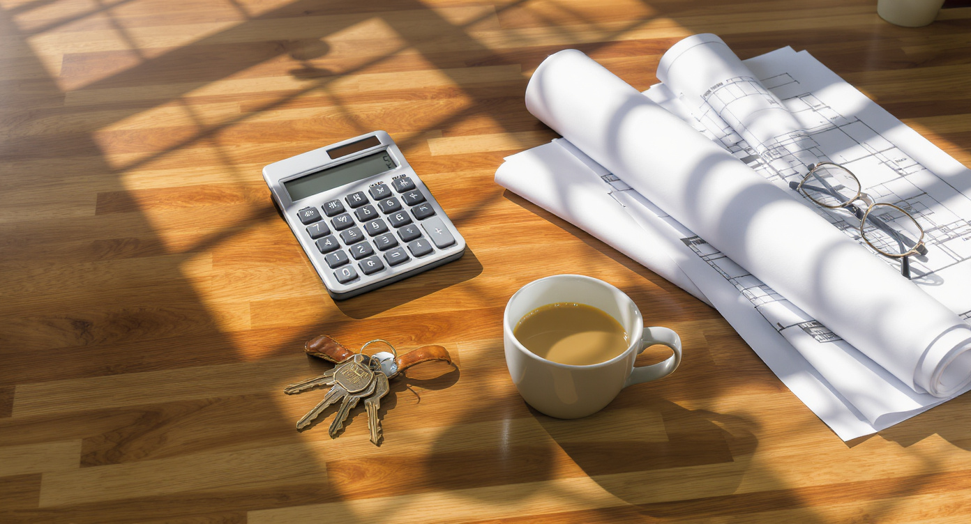 House keys, calculator, coffee and rolled architectural plans on a wooden table in warm morning light